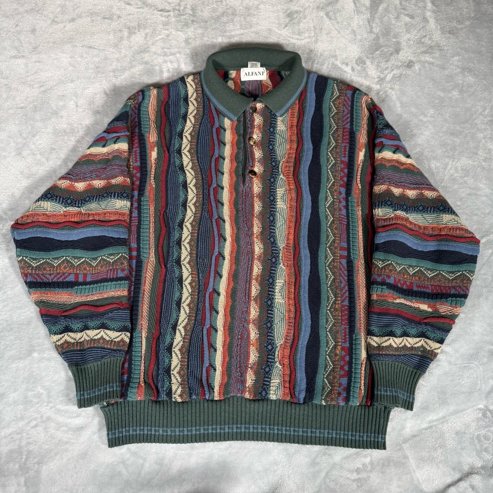 Vintage Alfani Textured Knit Polo Sweater Mens L Slim Fit Coogi Style 90s READ!